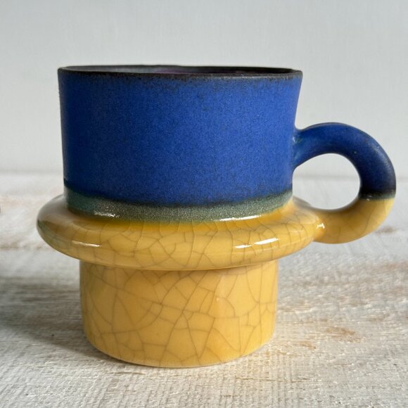 Set of Two Studio Pottery Mugs with Colourful Dip and Faux Worn Finish - Picture 2 of 11